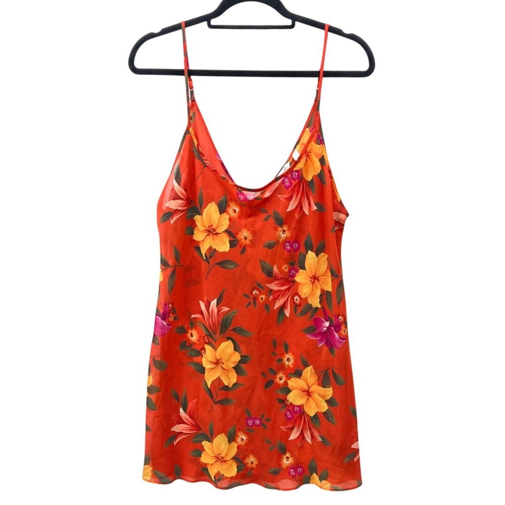 Victoria’s Secret Floral Slip Mini-Dress Sz Large Red-Orange Gold Sheer Tropical